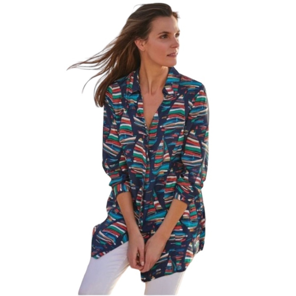 Soft Surroundings Sail Away Nautical Long Sleeve Tunic Blouse Colorful
